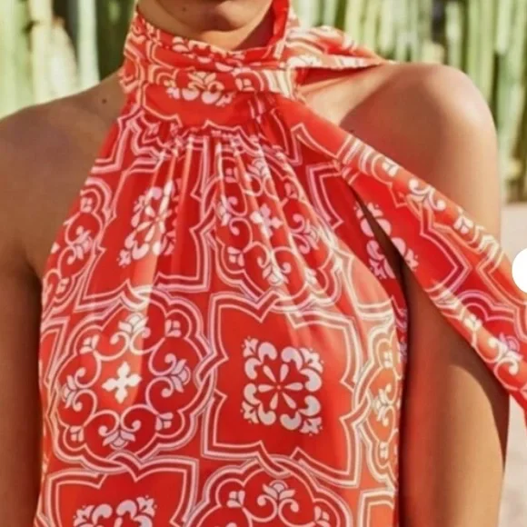 Ann Taylor Tiled Flowy Tie Neck Halter Maxi Dress - Picture 2 of 12